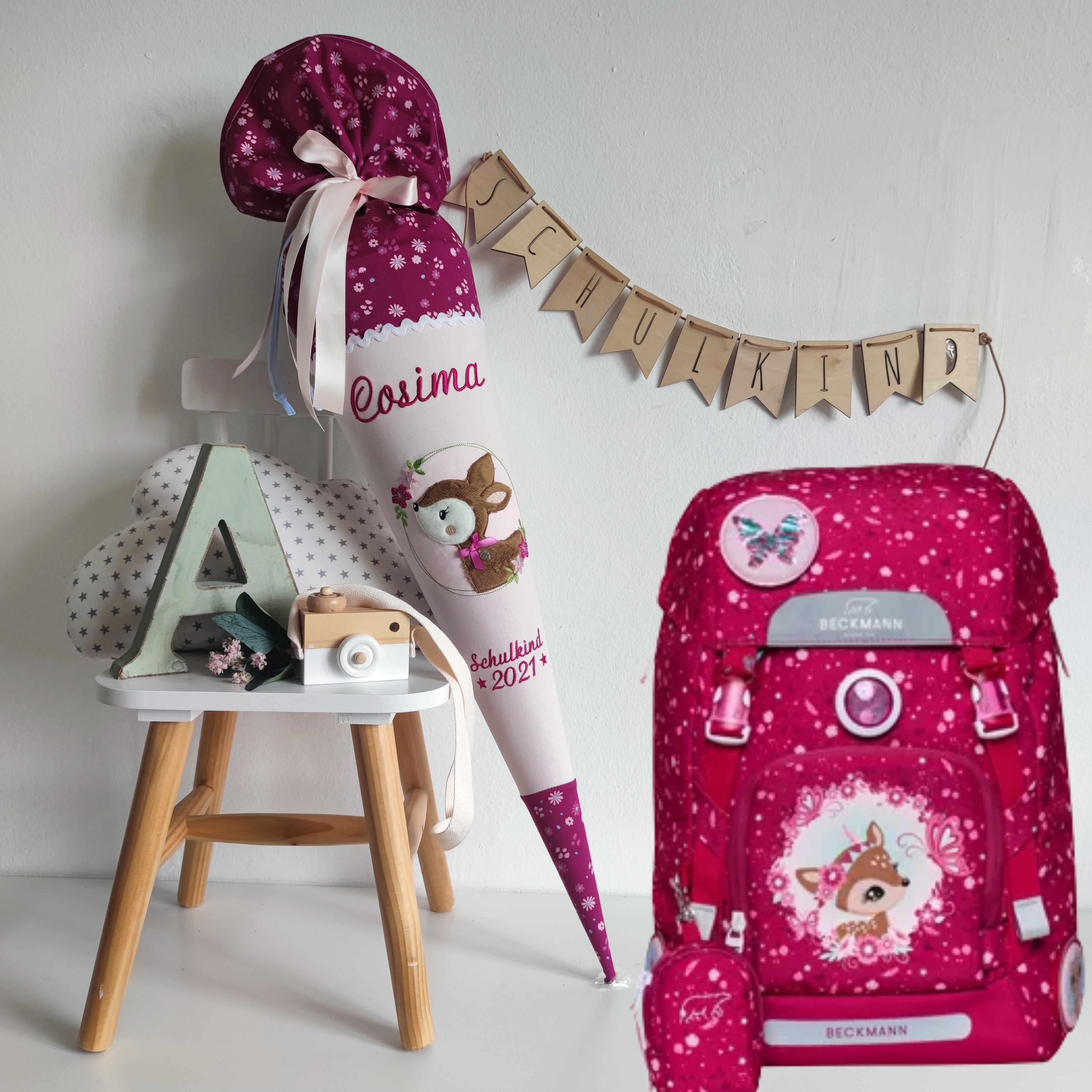 Schultüte Reh Wald Beckmann forest deer dunkelpink/rosa  | atelier-kleeblatt.de | Jetzt Kaufen
