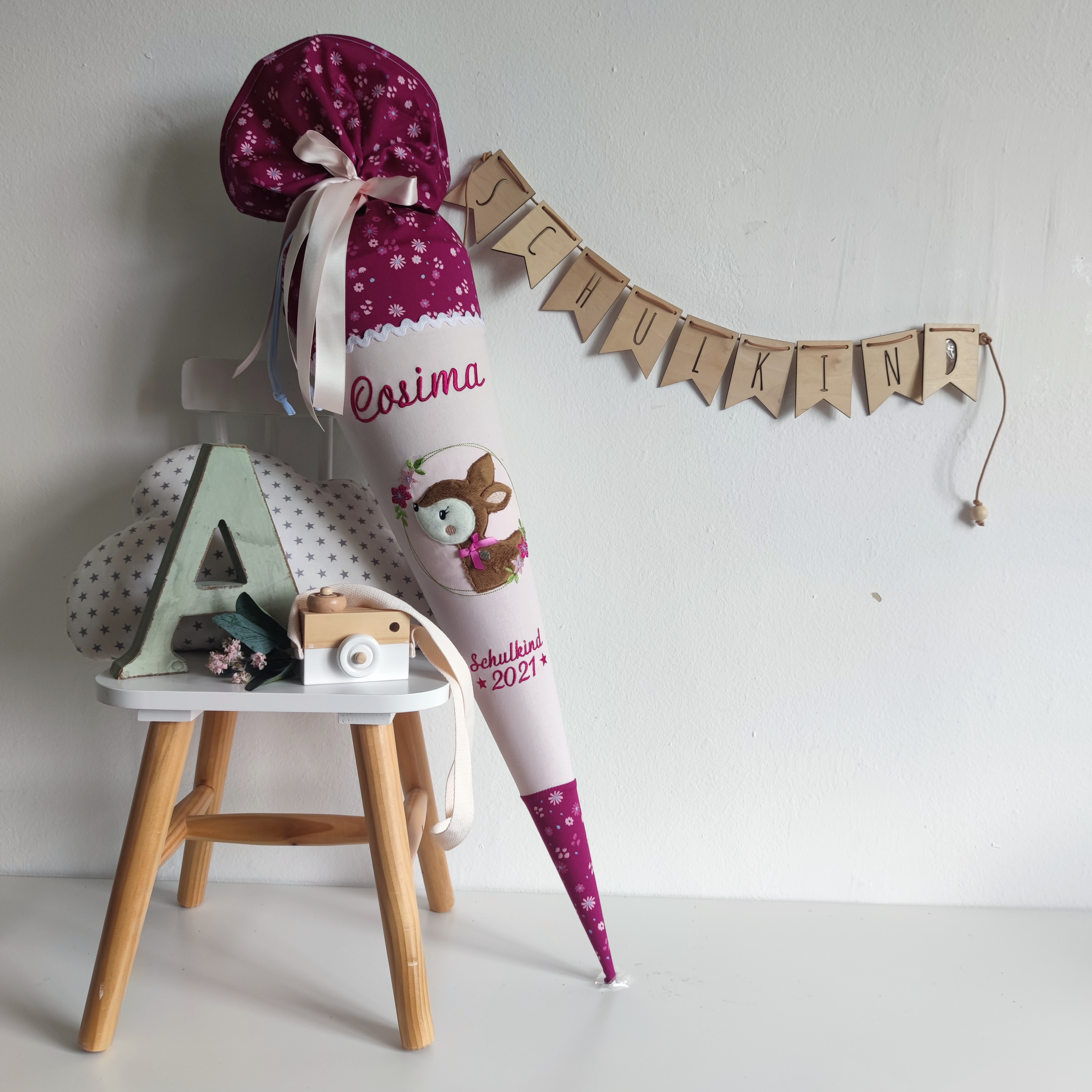 Schultüte Reh Wald Beckmann forest deer dunkelpink/rosa  | atelier-kleeblatt.de | Jetzt Kaufen